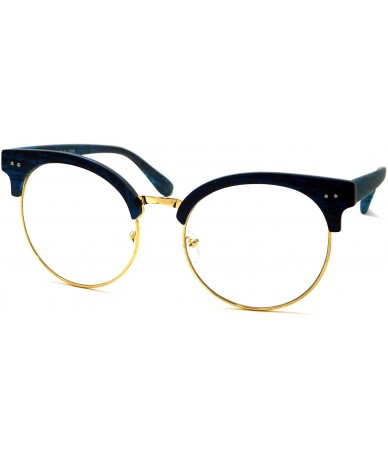 Oversized OVERSIZED Large Retro Wood Bamboo Print Metal Clear Lens Glasses - Blue - CV12O85ZZMU $17.83