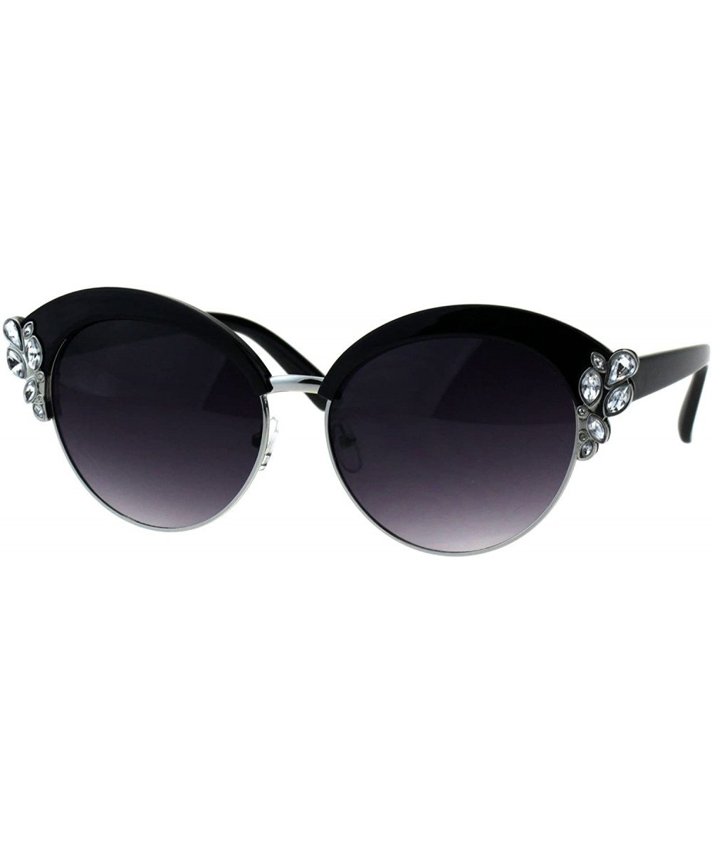 Oversized Womens Bling Iced Rhinestone Half Rim Diva Designer Fashion Sunglasses - Black Silver Smoke - CZ18EIZYO4T $22.93