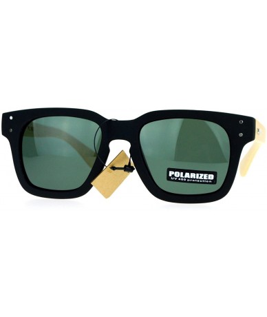 Square Real Bamboo Temple Polarized Sunglasses Matted Square Keyhole Frame - Black (Green) - C4189GQO7RE $24.24