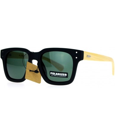 Square Real Bamboo Temple Polarized Sunglasses Matted Square Keyhole Frame - Black (Green) - C4189GQO7RE $24.24