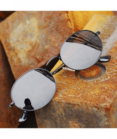 Oval Small oval sunglasses retro metal frame polarized sun glasses for Couples UV400 vintage - Full Black - CM19747ZWKD $19.54