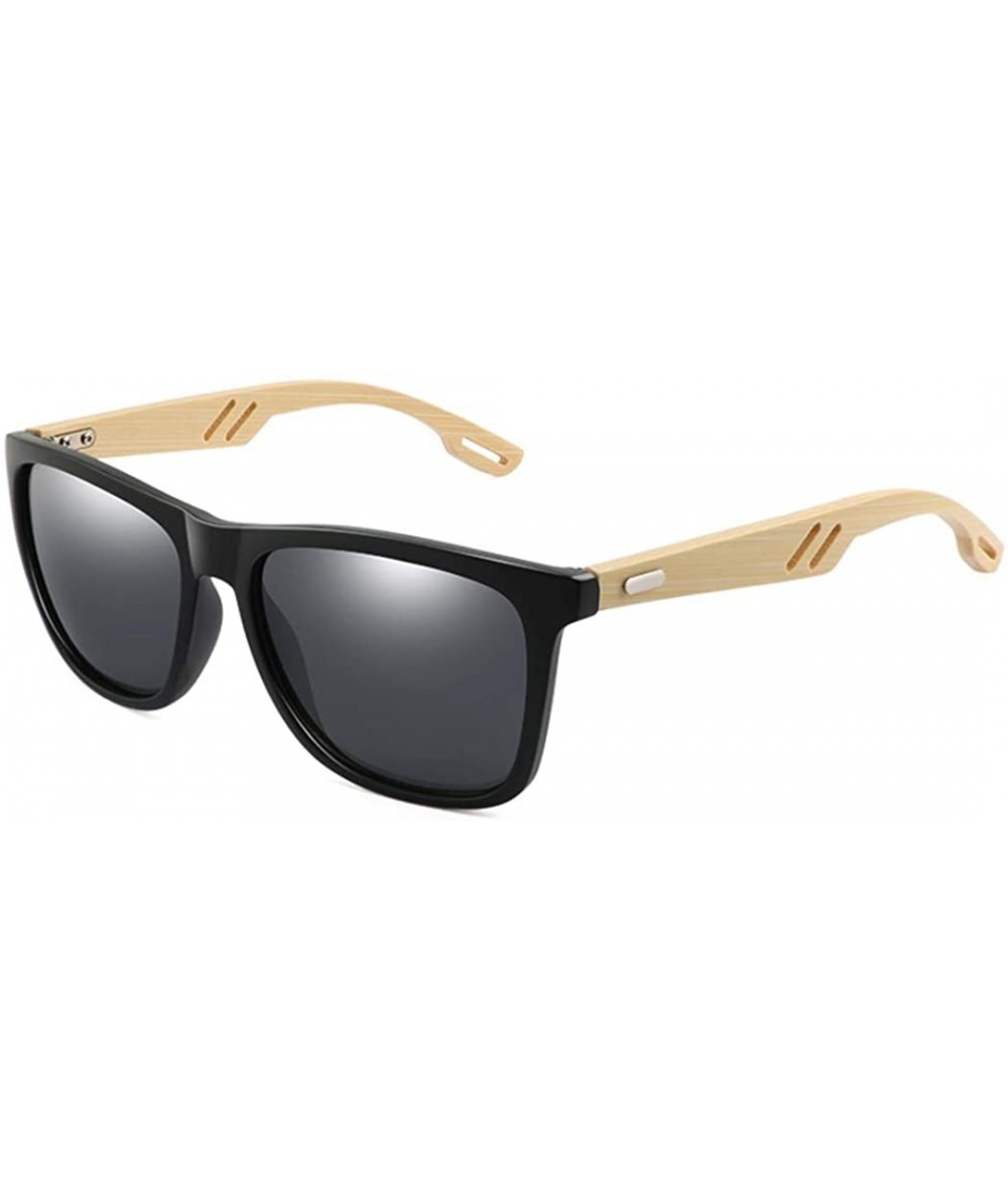 Square Bamboo Wood Arms Sunglasses Women Men Classic Square Driving Glasses - Bright Black Grey - CO192I4A83Z $26.63