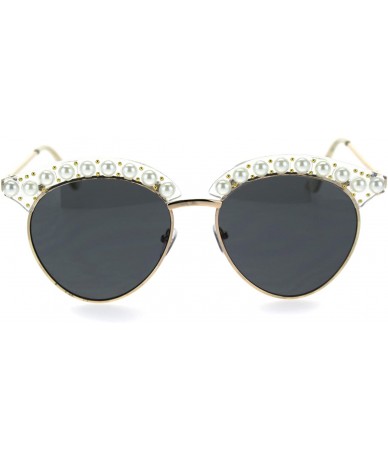 Round Womens Pearl Jewel Half Rim Chic Sunglasses - Peach Gold Solid Black - CE18SZQ7EGE $22.06