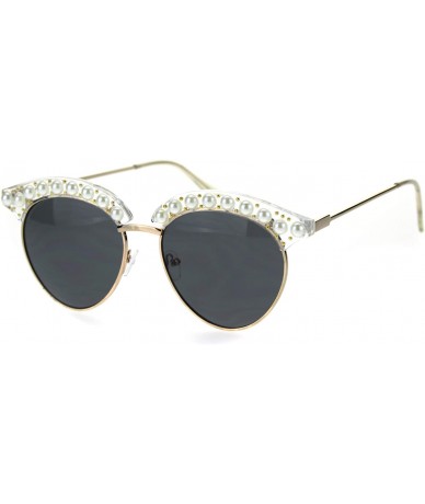 Round Womens Pearl Jewel Half Rim Chic Sunglasses - Peach Gold Solid Black - CE18SZQ7EGE $22.06