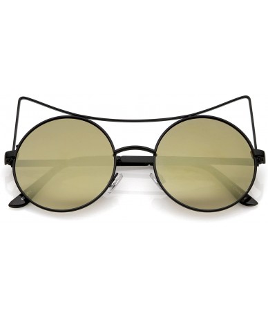 Cat Eye Women's Oversize Open Metal Mirrored Round Flat Lens Cat Eye Sunglasses 54mm - Black / Gold Mirror - C1183G4WW42 $22.14