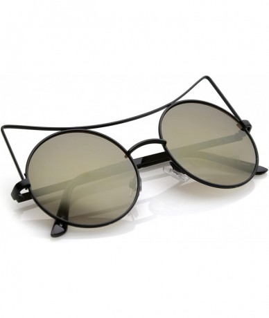 Cat Eye Women's Oversize Open Metal Mirrored Round Flat Lens Cat Eye Sunglasses 54mm - Black / Gold Mirror - C1183G4WW42 $22.14