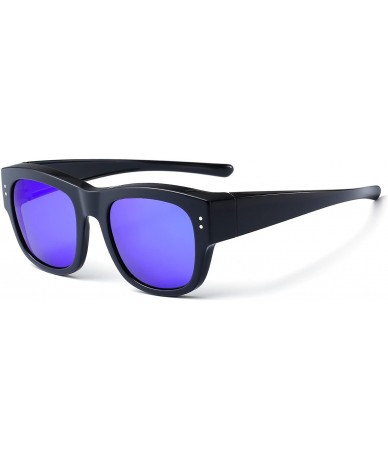 Oval Oversized Fits Over Sunglasses Mirrored Polarized Lens for Women and Men - Black Frame - Blue Mirrored Lens - CQ183Q7IHA...