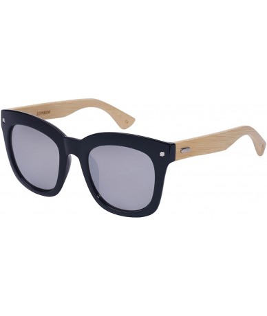 Wayfarer Round Style Wooden Bamboo Women Sunglasses by 32098BM-AP - Black Mirrored Lens - CO126UF92TF $26.26