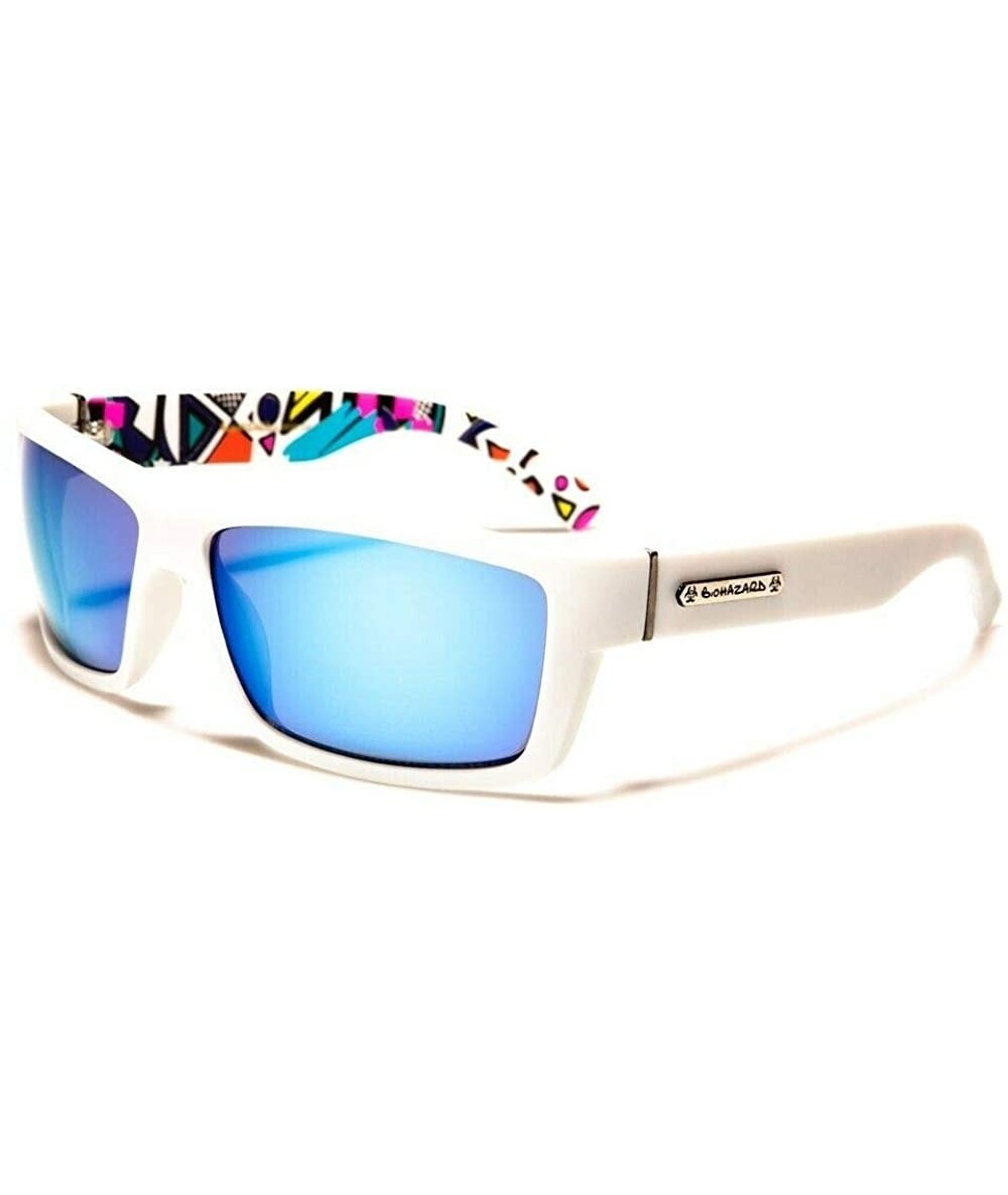 Wrap Biohazard Abstract Wrap Around Rectangular Sport Sunglasses - White & Art Deco Print Frame - CP18W6RN7DZ $23.33