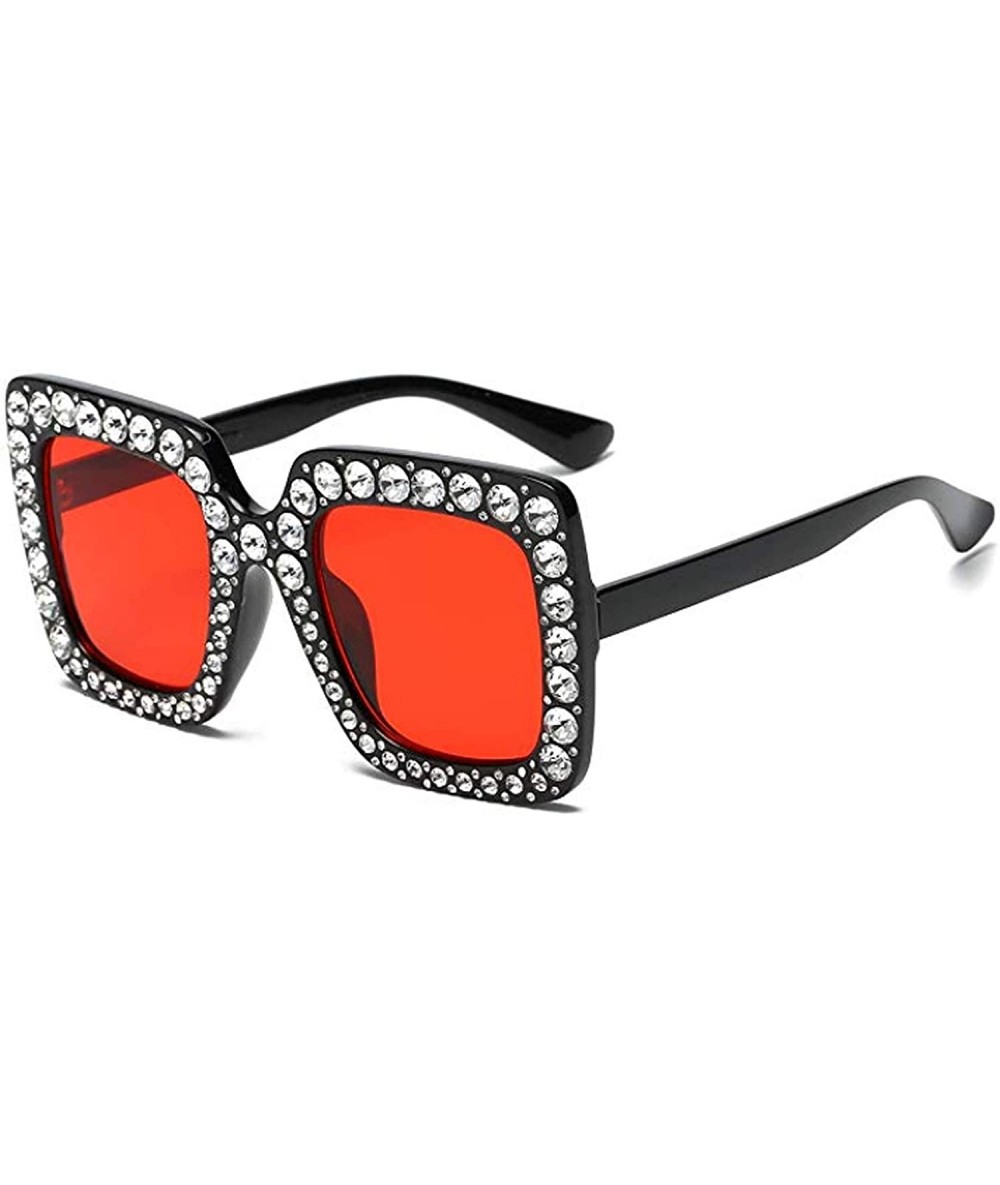 Sport Oversized Sunglasses for Women Square Thick Frame Bling Bling Rhinestone Novelty Shades - Square Black -Red - CC195W5I5...