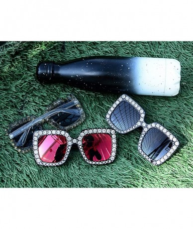 Sport Oversized Sunglasses for Women Square Thick Frame Bling Bling Rhinestone Novelty Shades - Square Black -Red - CC195W5I5...