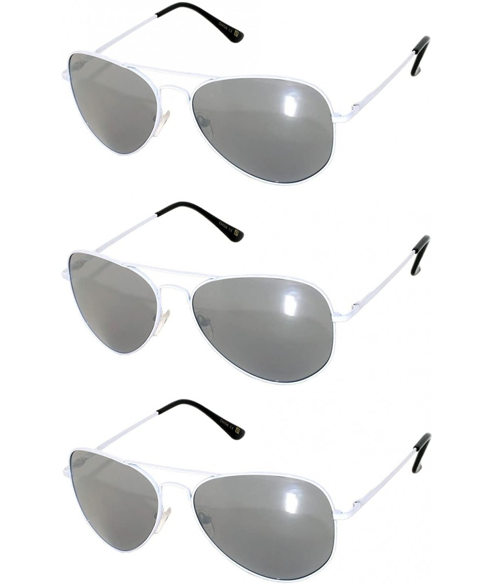 Oval Set of 3 Pairs Aviator Style Sunglasses Colored Metal Frame Spring Hinges - Mirror_lens_white_frame_3_pairs - CU17YW0IWE...