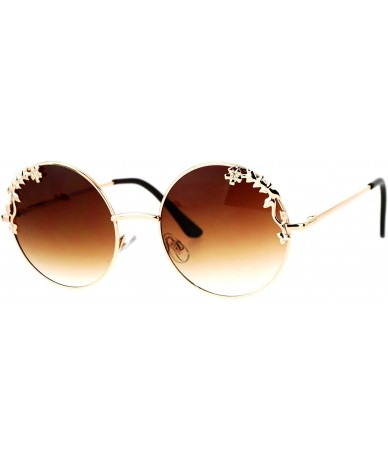 Round Womens Retro Foliage Jewel Trim Round Circle Lens Hippie Sunglasses - Gold Brown - C517XQ2LIOS $19.69