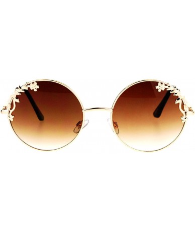 Round Womens Retro Foliage Jewel Trim Round Circle Lens Hippie Sunglasses - Gold Brown - C517XQ2LIOS $19.69