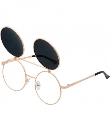 Goggle Flip up Steampunk Round Circle Retro Sunglasses - Gold-black - CB18Q3LS23L $19.28