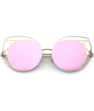 Cat Eye Geometric Cutout Thin Metal Frame Round Mirrored Flat Lens Cat Eye Sunglasses 53mm - Gold / Pink Mirror - CG1834ETI4L...