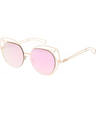 Cat Eye Geometric Cutout Thin Metal Frame Round Mirrored Flat Lens Cat Eye Sunglasses 53mm - Gold / Pink Mirror - CG1834ETI4L...