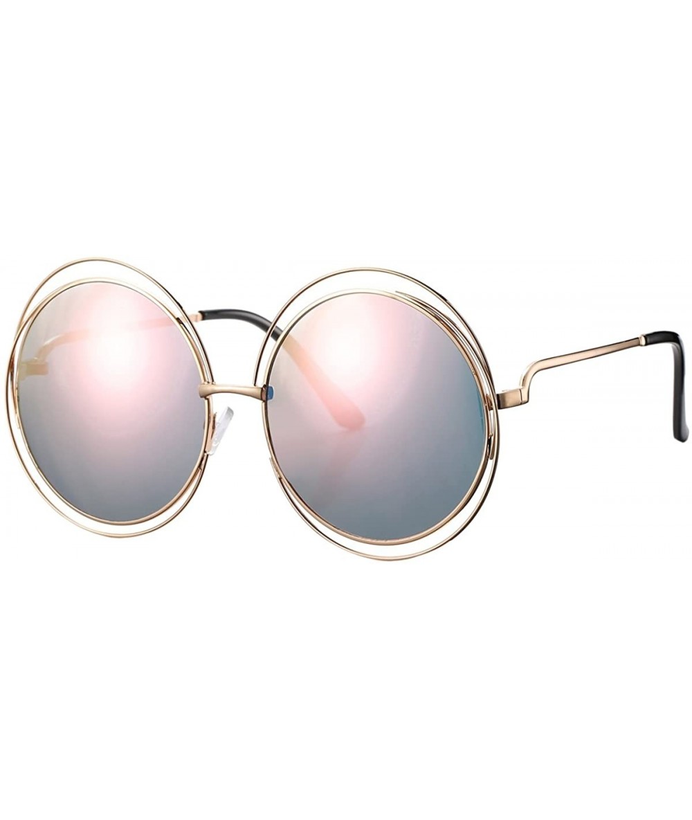 Round Women's Double Circle Metal Wire Frame Oversized Round Sunglasses - Pink Mirrored Lens - CQ183S6ZL3A $23.39