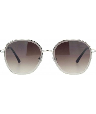 Oval Womens Beveled Edge Round 90s Dad Metal Rim Sunglasses - Silver Gradient Brown - CG18MD6CUHD $22.33