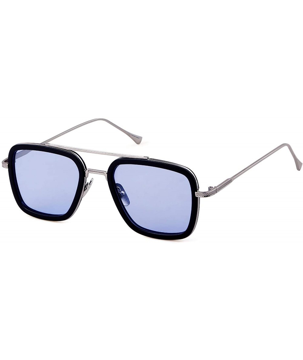 Rectangular Tony Stark Glasses Retro Square Aviator Sunglasses for Men Women Metal Frame - Silver/Light Blue - CT18XI38275 $2...