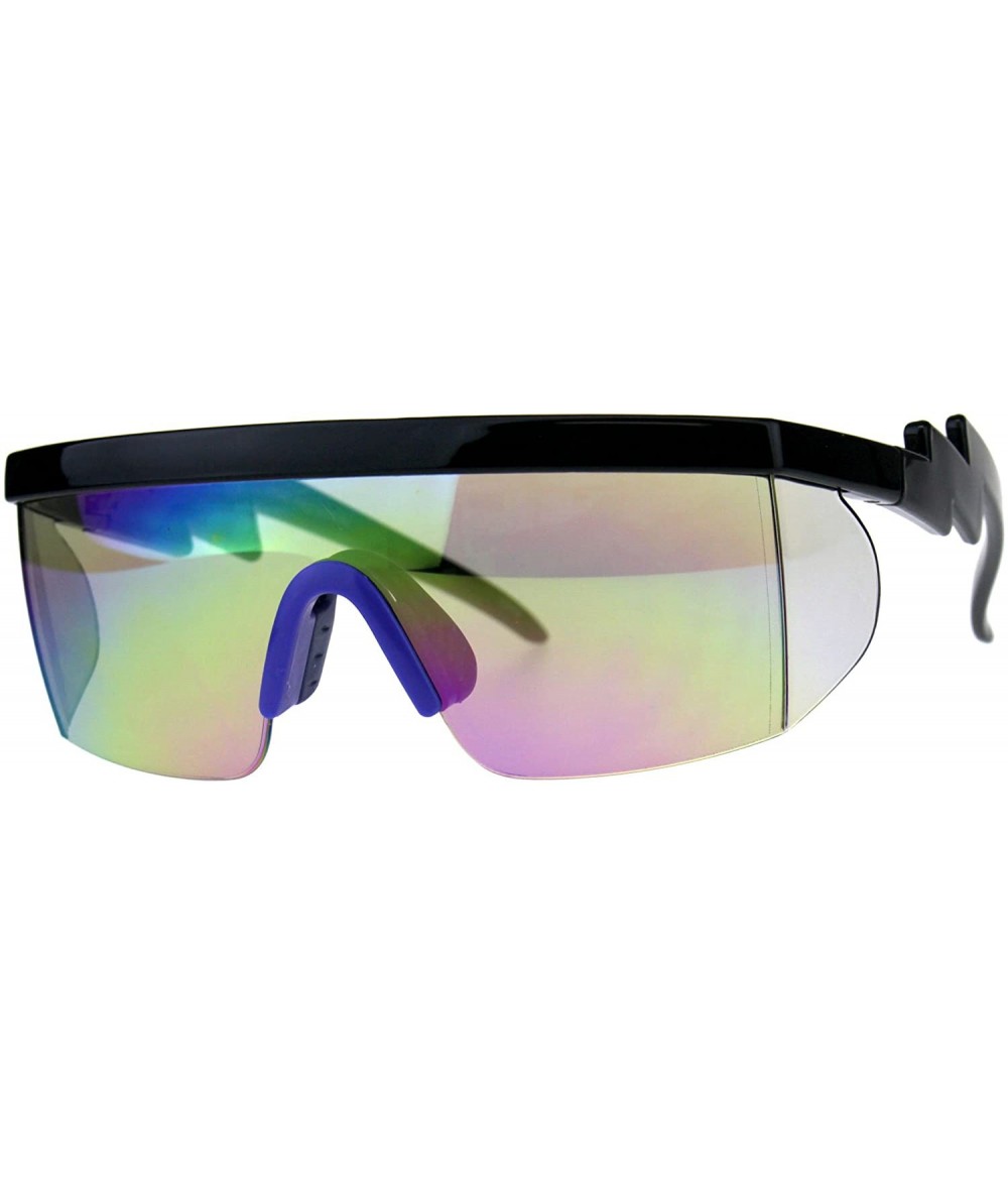 Goggle Flat Top Crooked Bolt Arm Goggle Style Color Mirror Shield 80s Sunglasses - Black Blue - CH18DSSYZLG $22.32