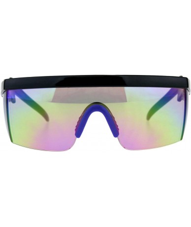 Goggle Flat Top Crooked Bolt Arm Goggle Style Color Mirror Shield 80s Sunglasses - Black Blue - CH18DSSYZLG $22.32