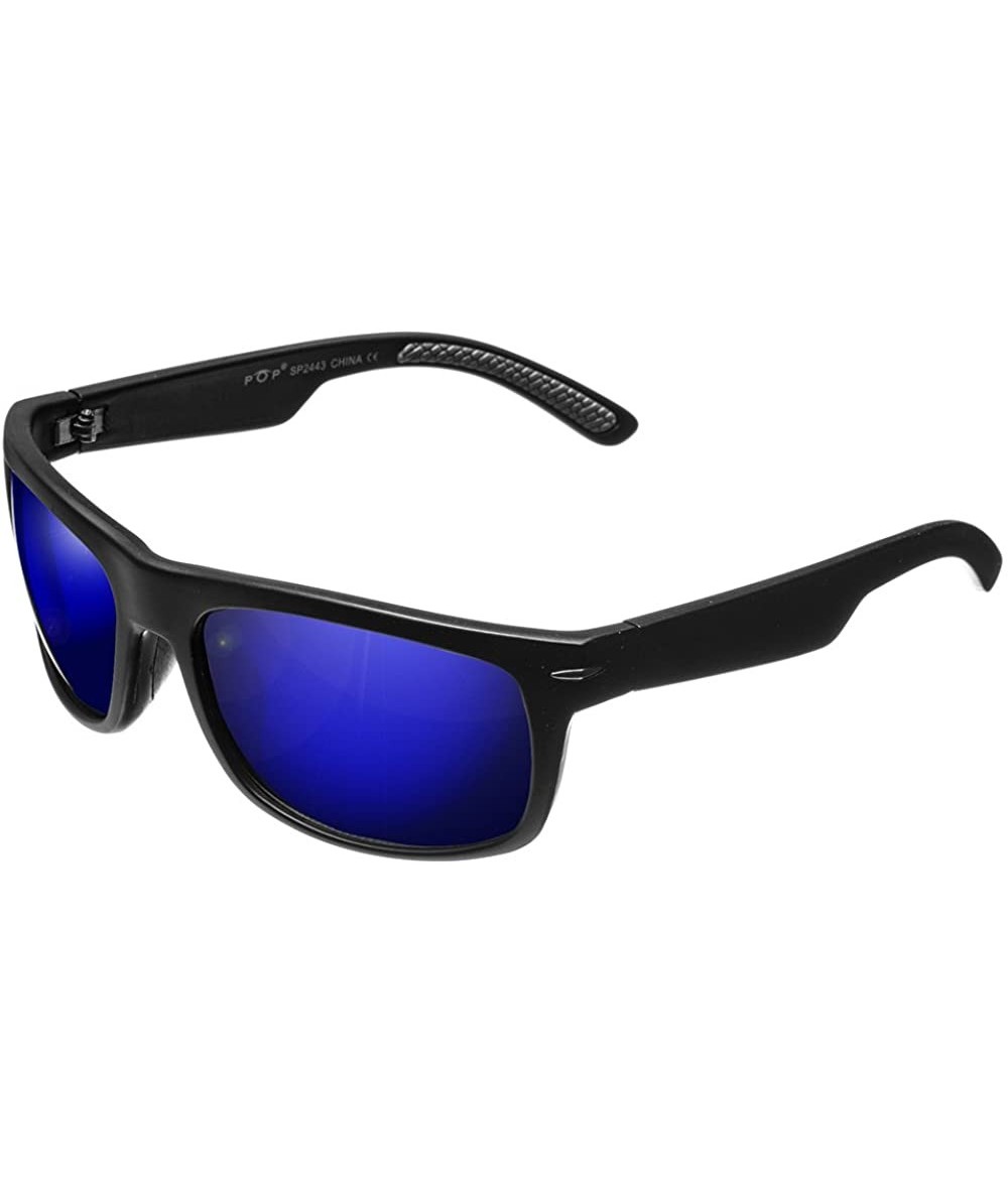 Rectangular Men's Polarized Matte Black Sunglasses for Driving SP2443 - Black Blue Mirror - CW18CRHYE78 $19.00