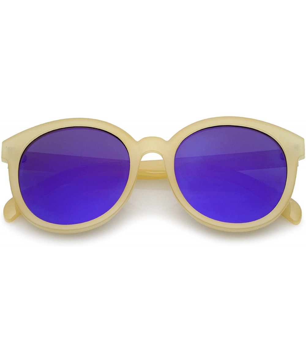 Round Oversize Super Flat Colored Mirror Lens Round Sunglasses 54mm - Creme / Blue - CE12OI8TO2J $19.25