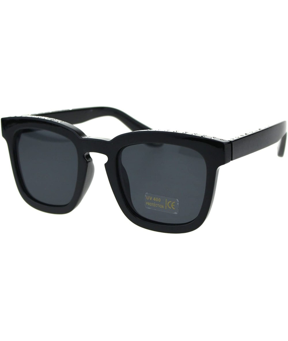 Rectangular Womens Rhinestone Iced Thick Plastic Keyhole Horn Rim Boyfriend Sunglasses - All Black - CM18EYKI78A $19.28