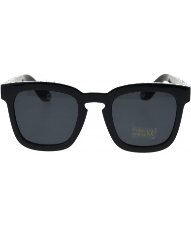 Rectangular Womens Rhinestone Iced Thick Plastic Keyhole Horn Rim Boyfriend Sunglasses - All Black - CM18EYKI78A $19.28