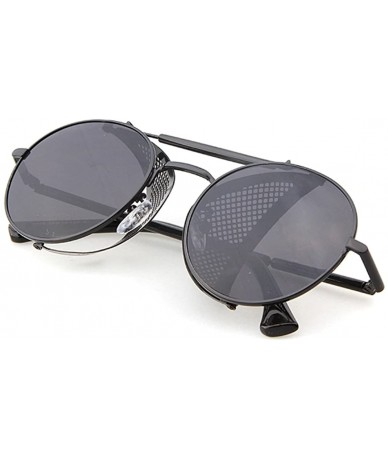 Shield Metal Frame Fold-in Mesh Side Shield Oval Sunglasses - Black - CD185W9W2YY $42.43