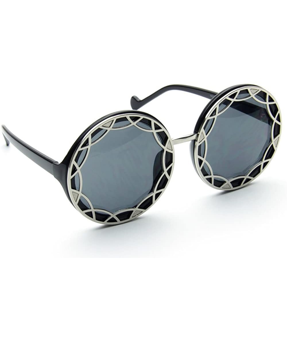 Round Women Sunglasses Black Silver Oversized Round Smoke Black Lens Retro Eyewear - CY1218C3KST $23.82