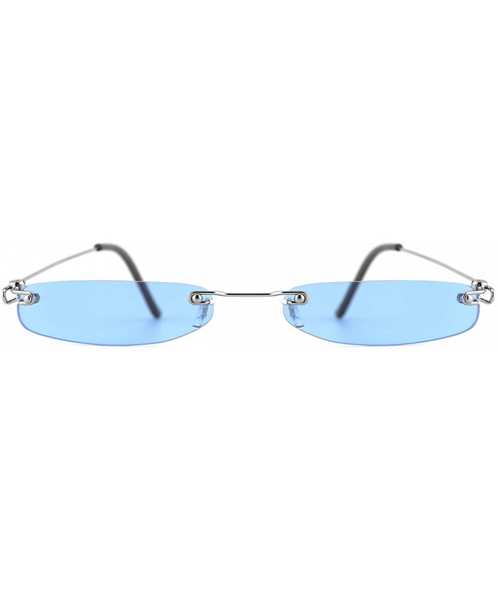 Semi-rimless Vintage Rectangle Sunglasses for Women Men Retro Small Thin Sunglasses Metal Frame - 04-blue - C118G2GOIL8 $27.54