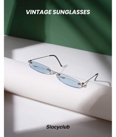 Semi-rimless Vintage Rectangle Sunglasses for Women Men Retro Small Thin Sunglasses Metal Frame - 04-blue - C118G2GOIL8 $27.54