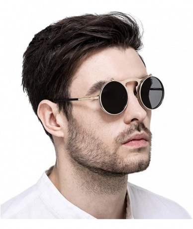 Aviator Round Sunglasses for Men Women 90's Retro Steampunk Style Flip Up Circle Sunglasses - Silver Frame/Blank Lens - CP18M...