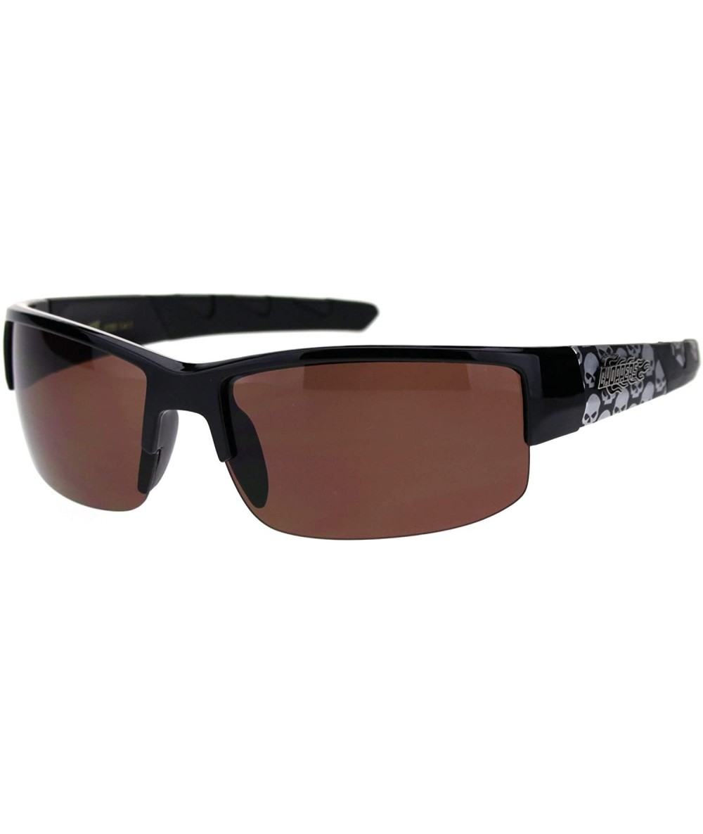 Wrap Sunglasses Mens Half Rim Wrap Around Bikers Skull Design UV 400 - Shiny Black (Brown) - CY18Z566099 $21.55