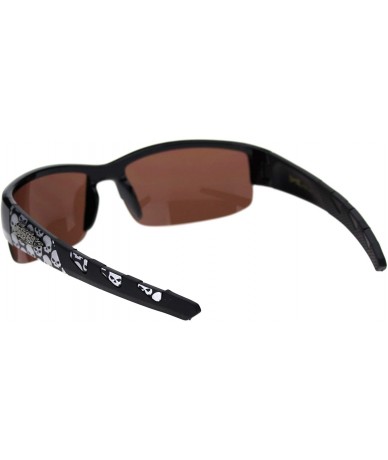 Wrap Sunglasses Mens Half Rim Wrap Around Bikers Skull Design UV 400 - Shiny Black (Brown) - CY18Z566099 $21.55