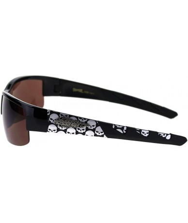 Wrap Sunglasses Mens Half Rim Wrap Around Bikers Skull Design UV 400 - Shiny Black (Brown) - CY18Z566099 $21.55