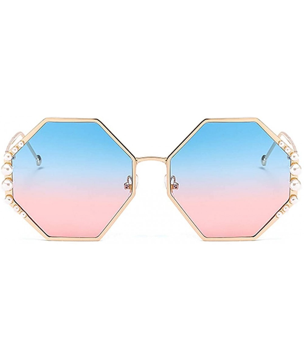 Goggle Womens Oversized Pearl Rhinestone Sunglasses Stylish Design Eyewear - Gold Frame Blue Pink Lens - CI18ULWOKI6 $25.61