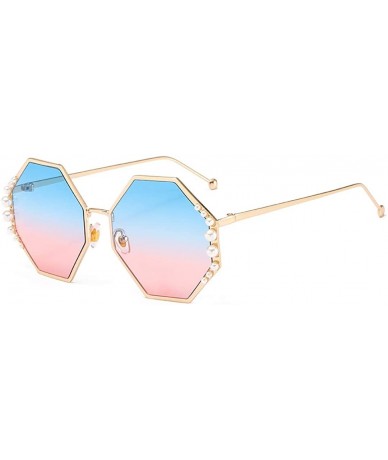 Goggle Womens Oversized Pearl Rhinestone Sunglasses Stylish Design Eyewear - Gold Frame Blue Pink Lens - CI18ULWOKI6 $25.61