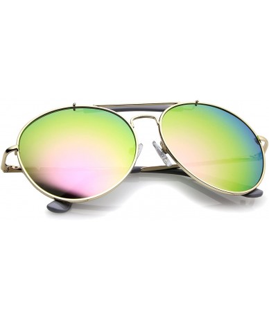 Aviator Oversize Double Nose Bridge Round Colored Mirror Lens Aviator Sunglasses 58mm - Grey-gold / Magenta-green Mirror - C8...