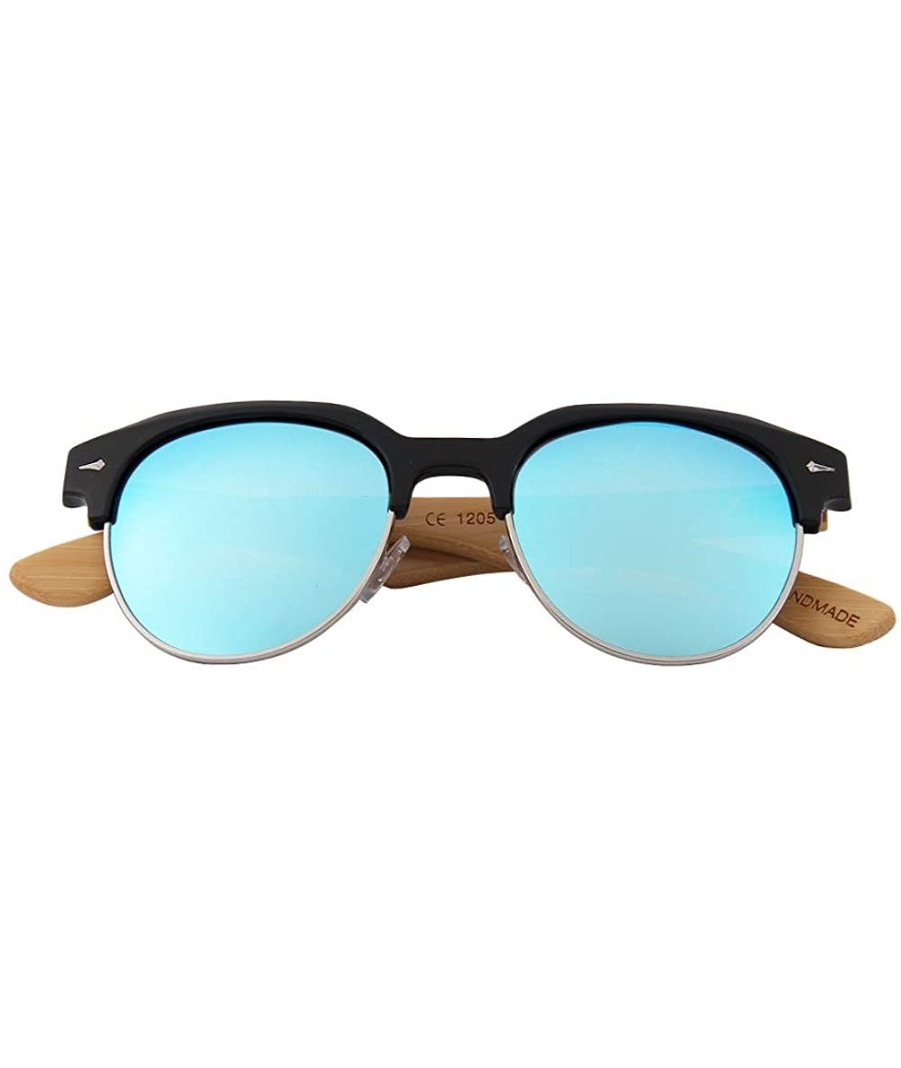 Aviator Real Wood Polarized Sunglasses - Bamboo Wood Retroshade With Blue Lenses - CC1949Q4RHL $48.07