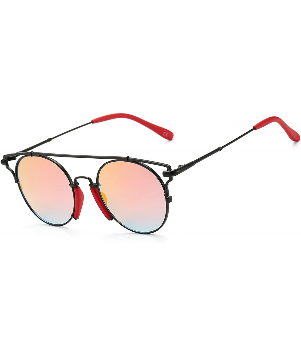 Round Cat Eye Fashion Retro Small Round Metal Frame Sunglasses Mirrored Lens for Women and Men - Red Lens/Black Frame - CJ18D...