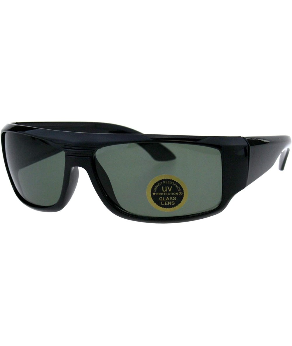 Rectangular Impact Resistance Glass Lens Sunglasses Mens Biker Rectangular Wrap Frame Black - Shiny Black - CS18I7QSXOI $20.60