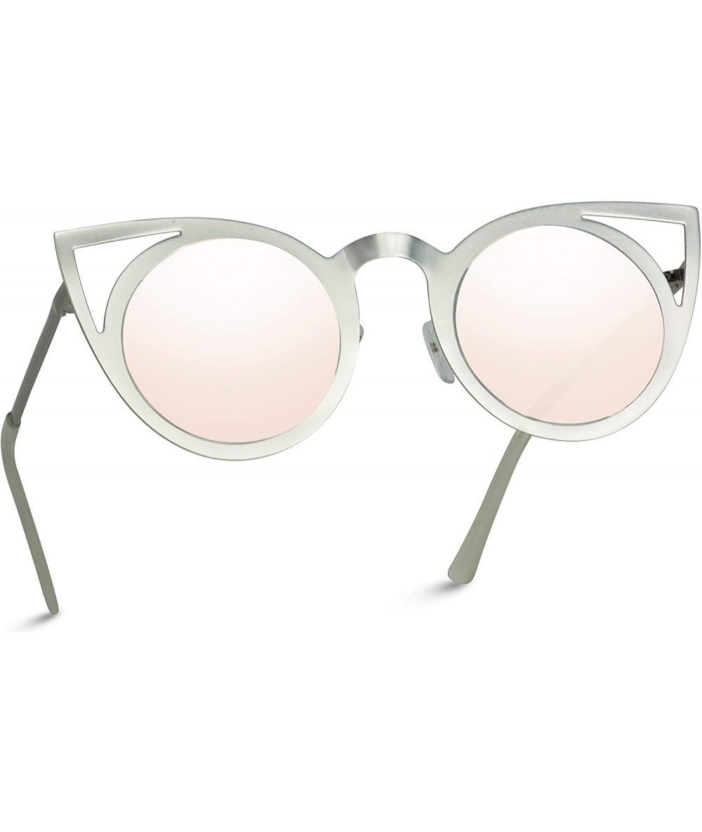 Wrap Womens Cateye Retro Fashion Retro Round Lens Cat Eye Sunglasses - Silver Frame / Mirror Pink Lens - CE12NU73Y3S $31.33