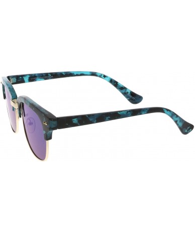 Rimless Modern Marble Print Half Frame Sunglasses With Colored Mirror Flat Lens And Horn Rimmed Detail 51mm - CR17YHTGO2N $20.25