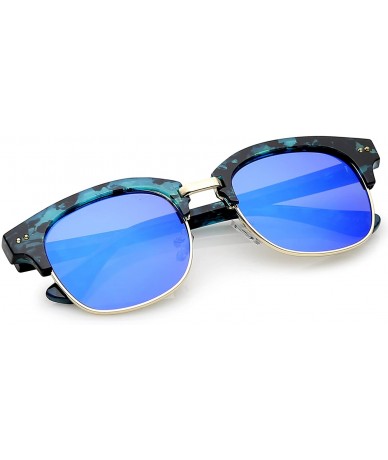 Rimless Modern Marble Print Half Frame Sunglasses With Colored Mirror Flat Lens And Horn Rimmed Detail 51mm - CR17YHTGO2N $20.25