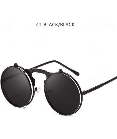 Oversized Sunglasses Round Metal Women Style Retro Flip Circular Double Metal Sun Glasses - Black Black - CL194OTC64C $42.78