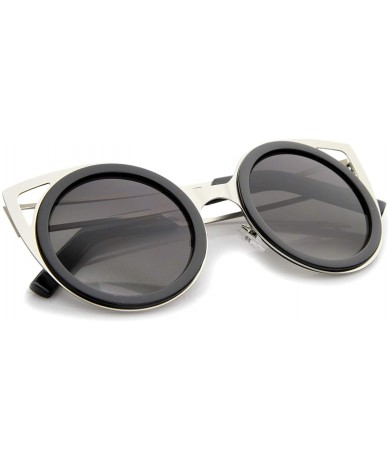 Round Womens Two-Toned Metal Cutout Round Cat Eye Sunglasses 50mm - Shiny Black-silver / Lavender - CI12H0L03LJ $20.21