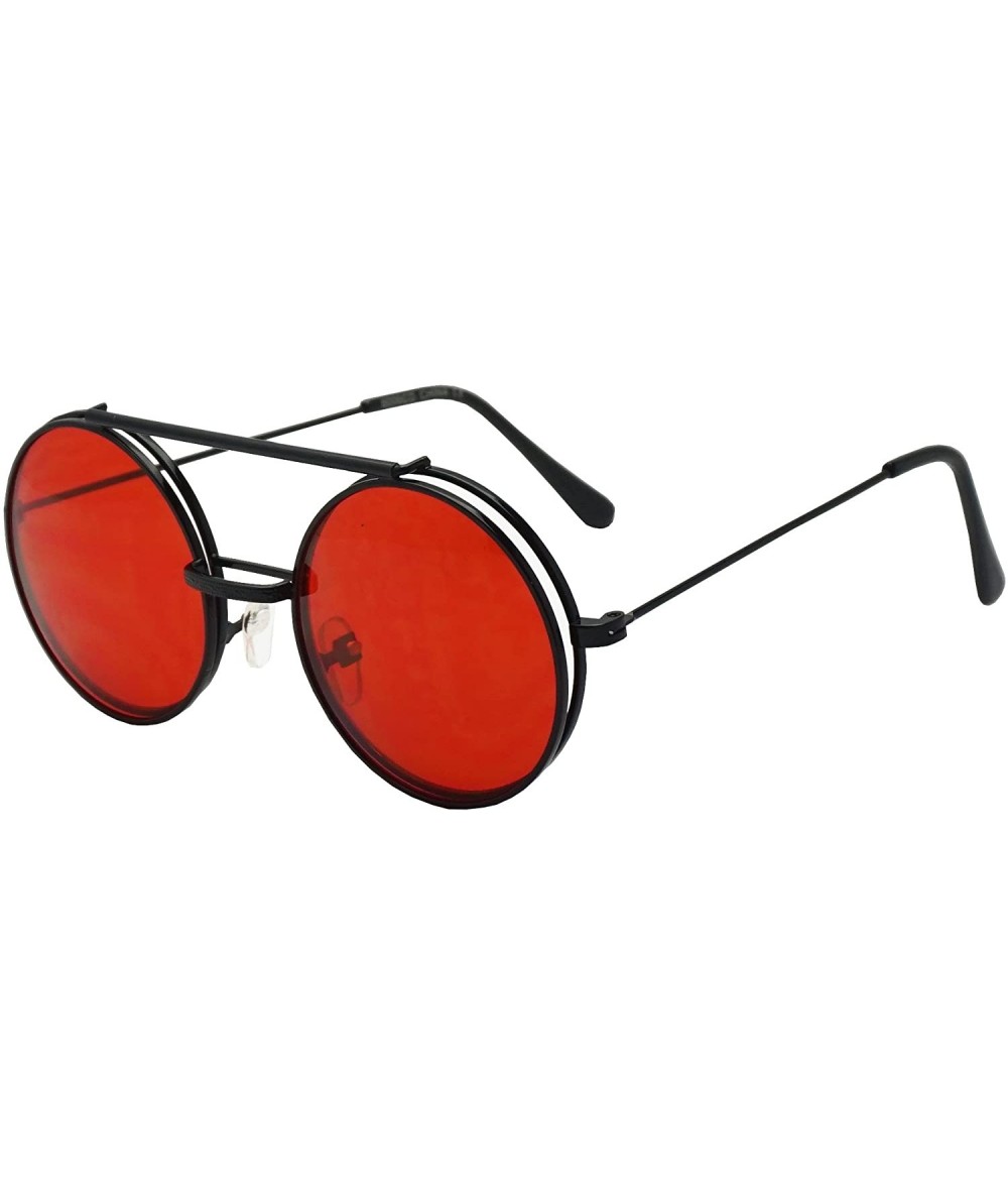 Round Round Circular Django Flip-Up Steampunk Inspired Metal Two in One Sunglasses - Black - Red Lens - C4189U50YL3 $23.84